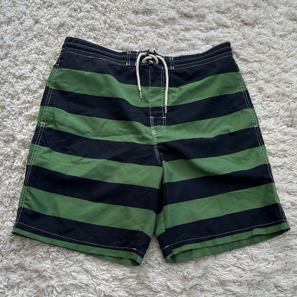 Mens Green & Navy Striped Board Shorts by Denver Hayes, XL